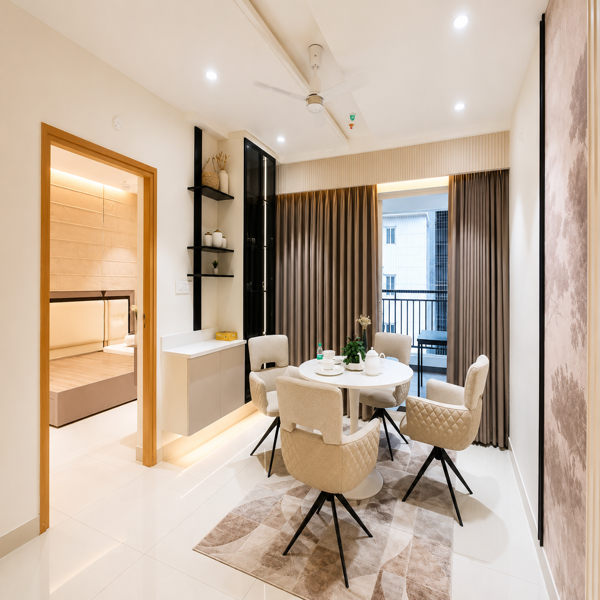 Modern dining room, luxury dining area, premium home interior, contemporary dining space, elegant dining room, stylish dining table, round dining table, modern dining chairs, upholstered dining chairs, beige dining chairs, designer furniture, luxury apartment, modern apartment interior, dining room decor, home decor, interior design, luxury interior design, contemporary home design, minimalist interior, sophisticated interior, premium home decor, neutral color interior, beige interior, white interior, modern lighting, ceiling lights, LED lighting, ceiling fan, ambient lighting, floor rug, decorative rug, indoor plants, decorative shelves, wall shelves, wooden accents, glass partition, modern partition design, large window, balcony view, floor-to-ceiling curtains, modern curtains, natural light, spacious dining area, clean interior, aesthetic home, high-end home, residential interior, elegant home design, dream home, premium apartment interior, contemporary home decor.
